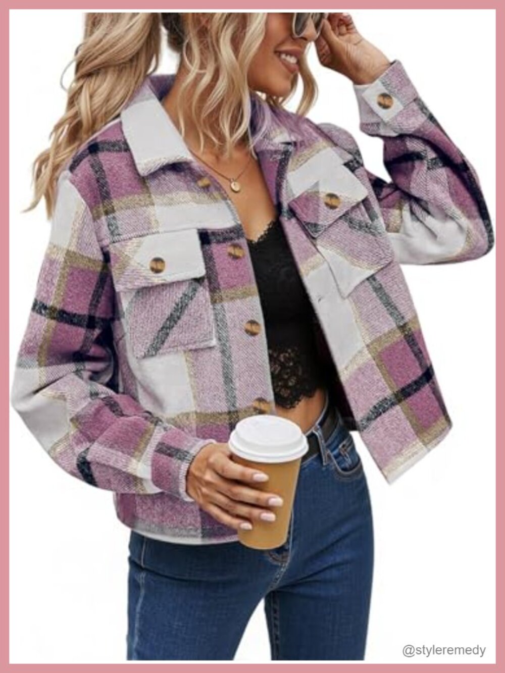Cropped Plaid Shacket Jacket Long Sleeve Button Down Shirt
